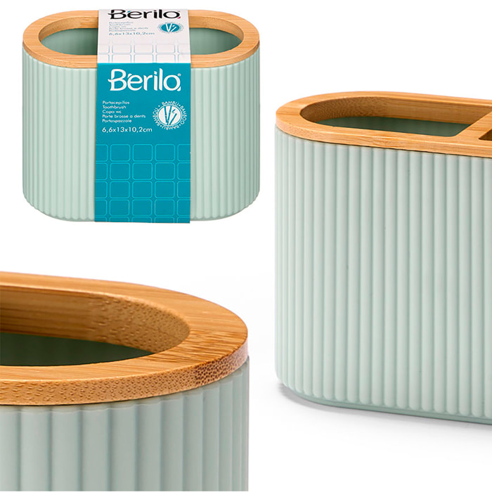 Porta spazzolini design a righe doppie in bambù colore verde menta.