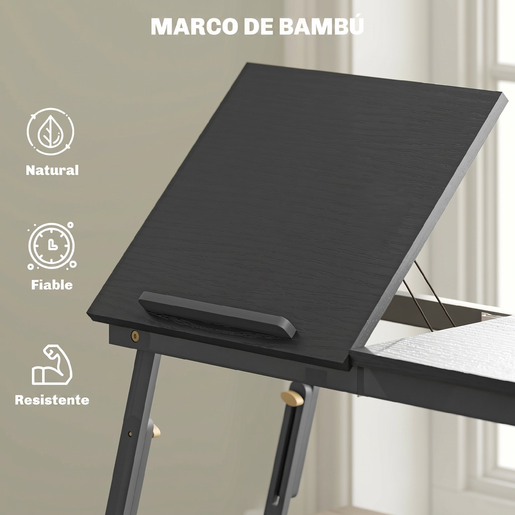 Mesa Reclinable para Cama y Sofá, Bandeja Plegable con Cajón Lateral, para Ordenador Portátil y Libros, con Cinco Alturas, Patas Ajustables, Mesita Auxiliar de Bambú y MDF, 83,5x33x34 cm, Negro