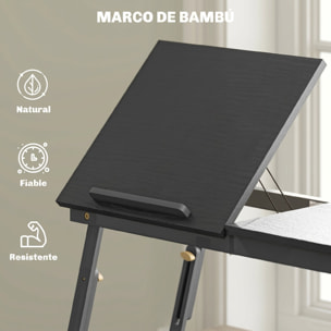 Mesa Reclinable para Cama y Sofá, Bandeja Plegable con Cajón Lateral, para Ordenador Portátil y Libros, con Cinco Alturas, Patas Ajustables, Mesita Auxiliar de Bambú y MDF, 83,5x33x34 cm, Negro