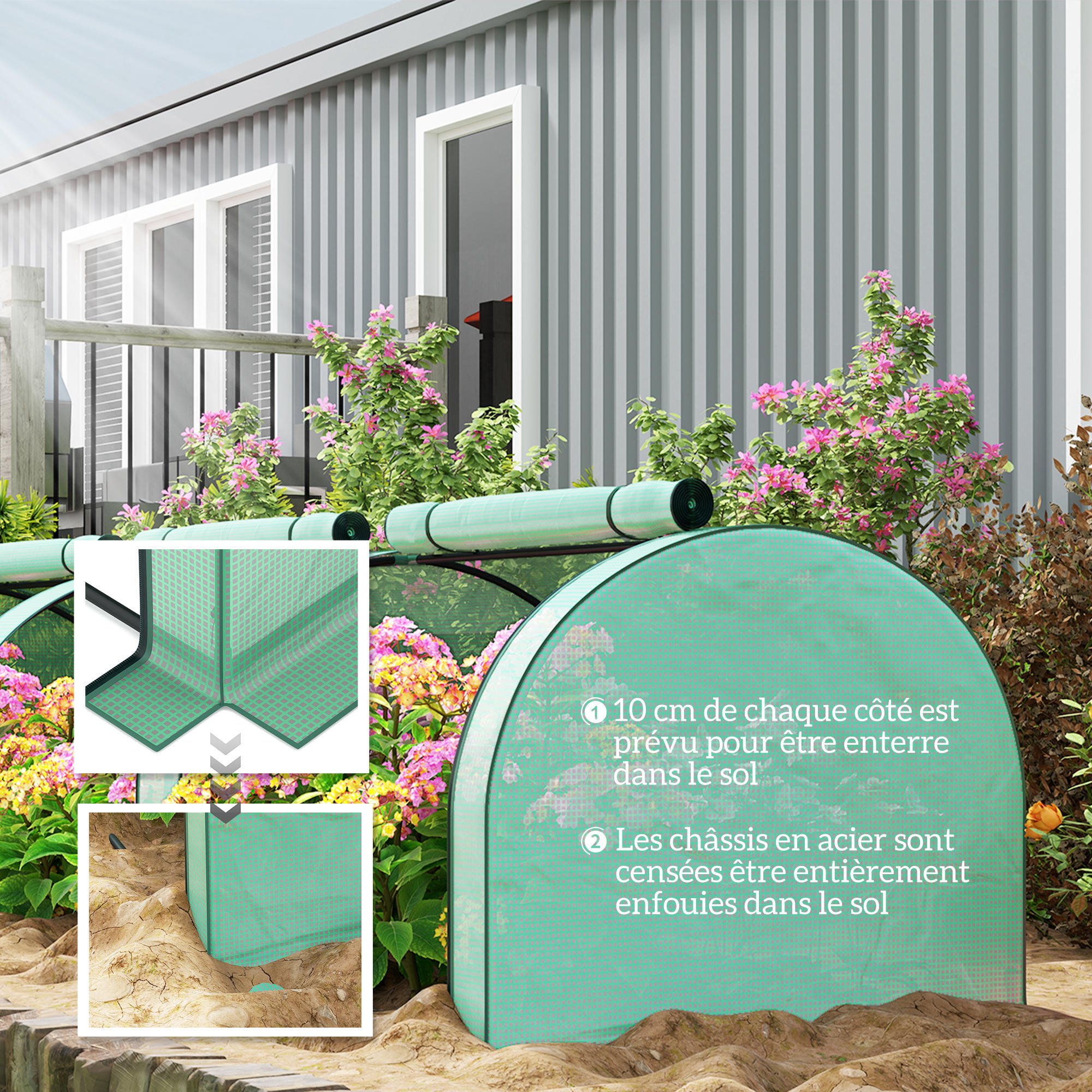 Serre tunnel 3 fenêtres enroulables acier PE vert