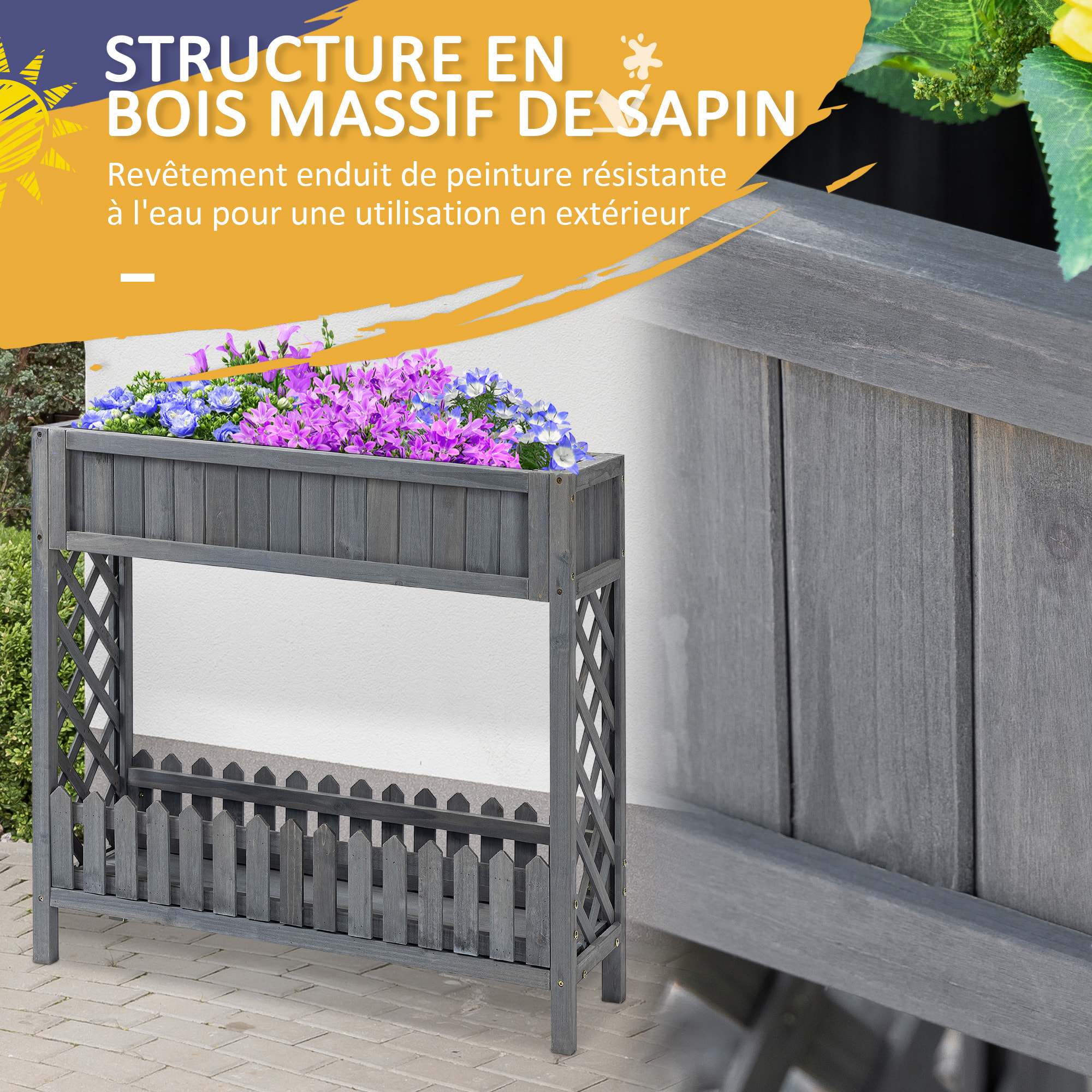 Jardinière sur pied potager avec étagère barrière - pans latéraux treillis - dim. 90L x 30l x 90H cm - bois sapin gris