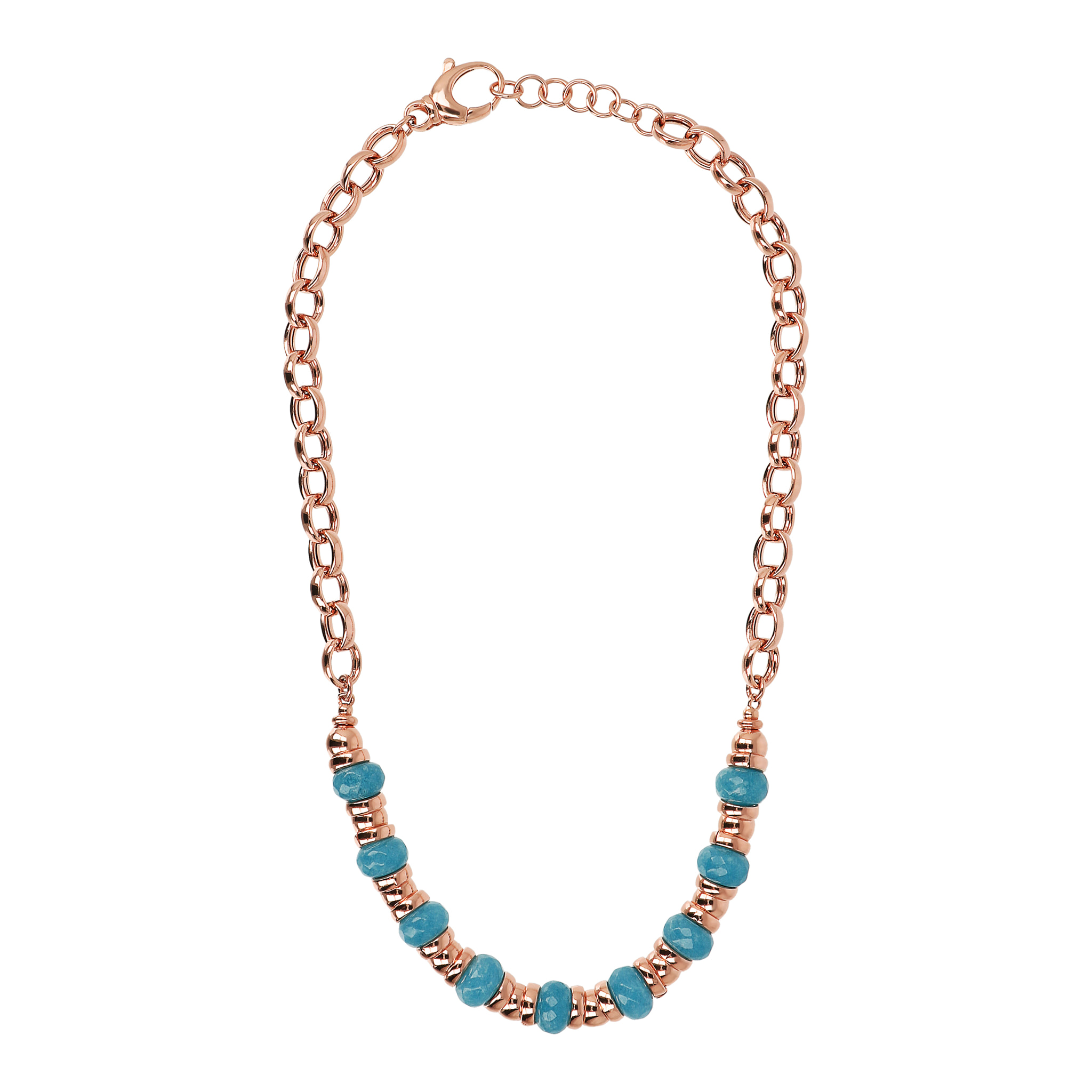 Collana Catena Rolo con Rondelle Rondelle Golden Rosé e in Pietra Naturale Sfaccettata Quarzite Blu