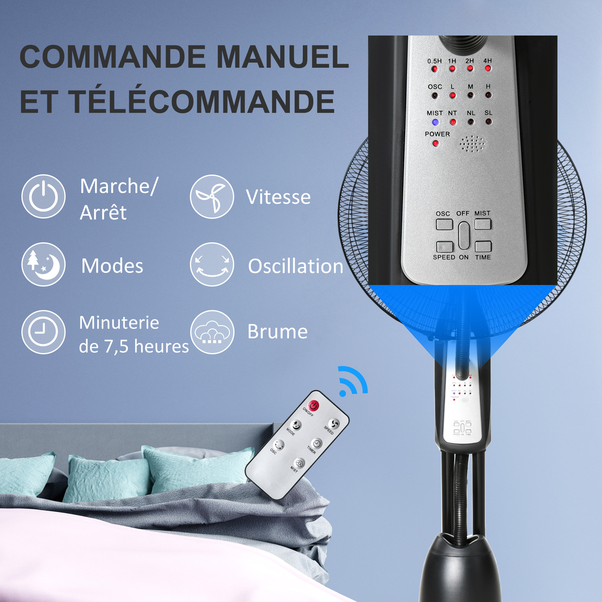 HOMCOM Ventilateur brumisateur sur roulettes - oscillant, inclinable silencieux 90 W avec télécommande - timer 3 modes 3 vitesses - gris noir