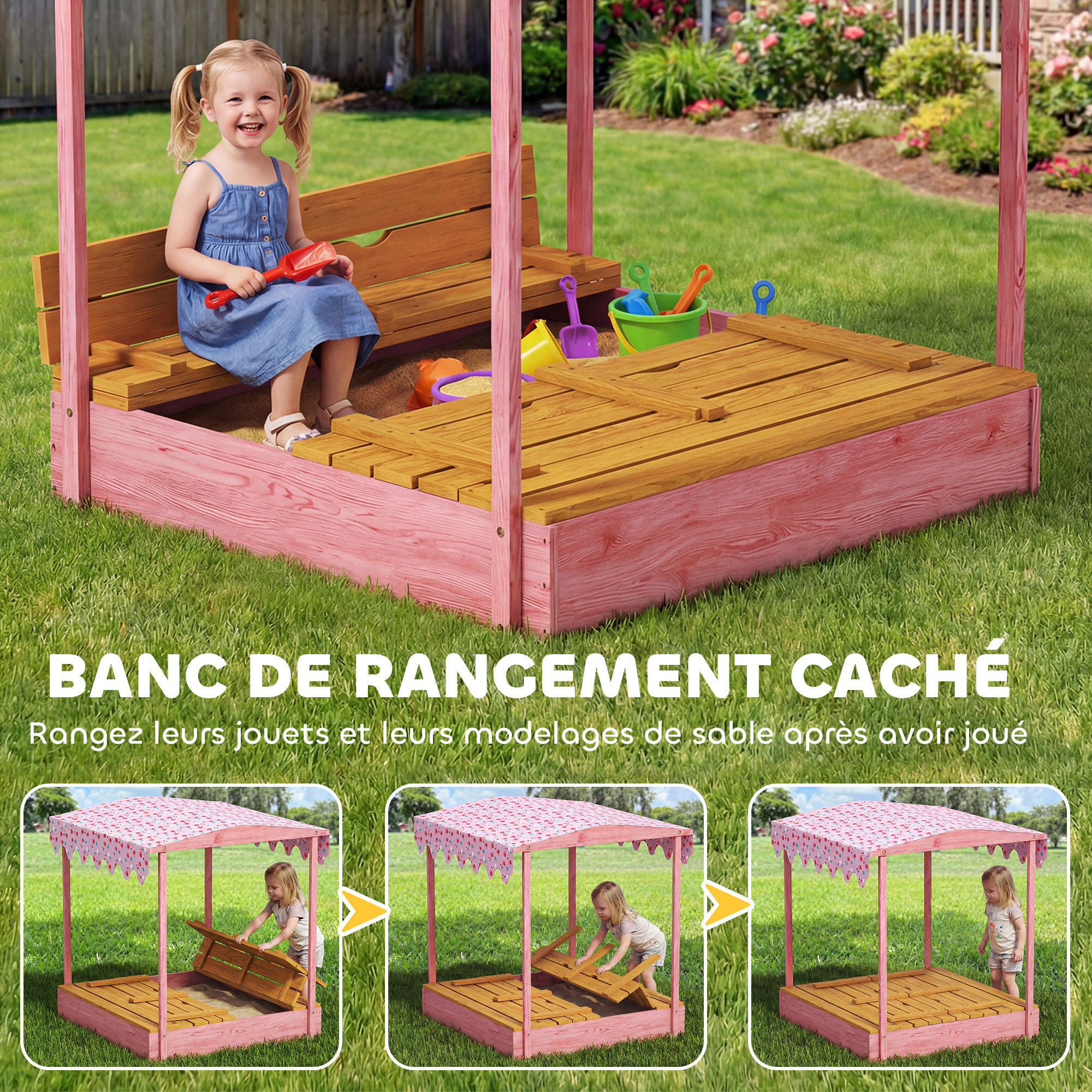 Bac à sable enfant couvercle siège pliable auvent bois rose
