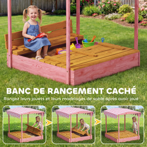 Bac à sable enfant couvercle siège pliable auvent bois rose