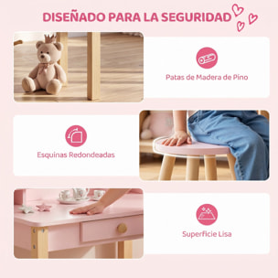 Tocador de Maquillaje Niña, Tocador Infantil con Taburete y Espejo, Cajón y 2 Estantes Abiertos, para Niños de 3 a 6 Años, Rosa