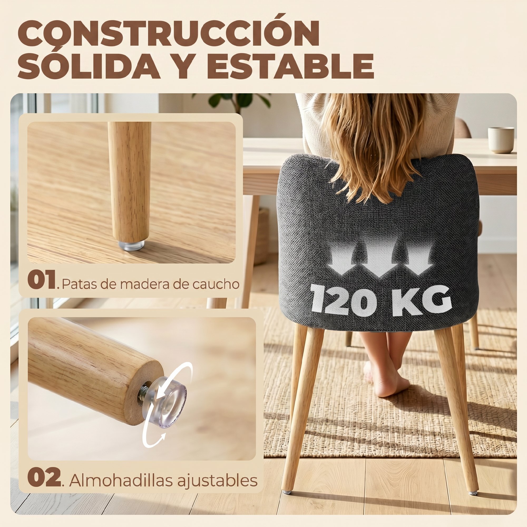 Pack de 2 Sillas de Comedor, Sillas de Cocina Nórdicas, Tapizadas de Lino, Respaldo Curvo, Asiento Acolchado, Patas de Madera, Gris Claro