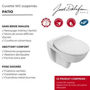Cuvette WC suspendu sans bride Patio avec abattant extra-plat déclipsable