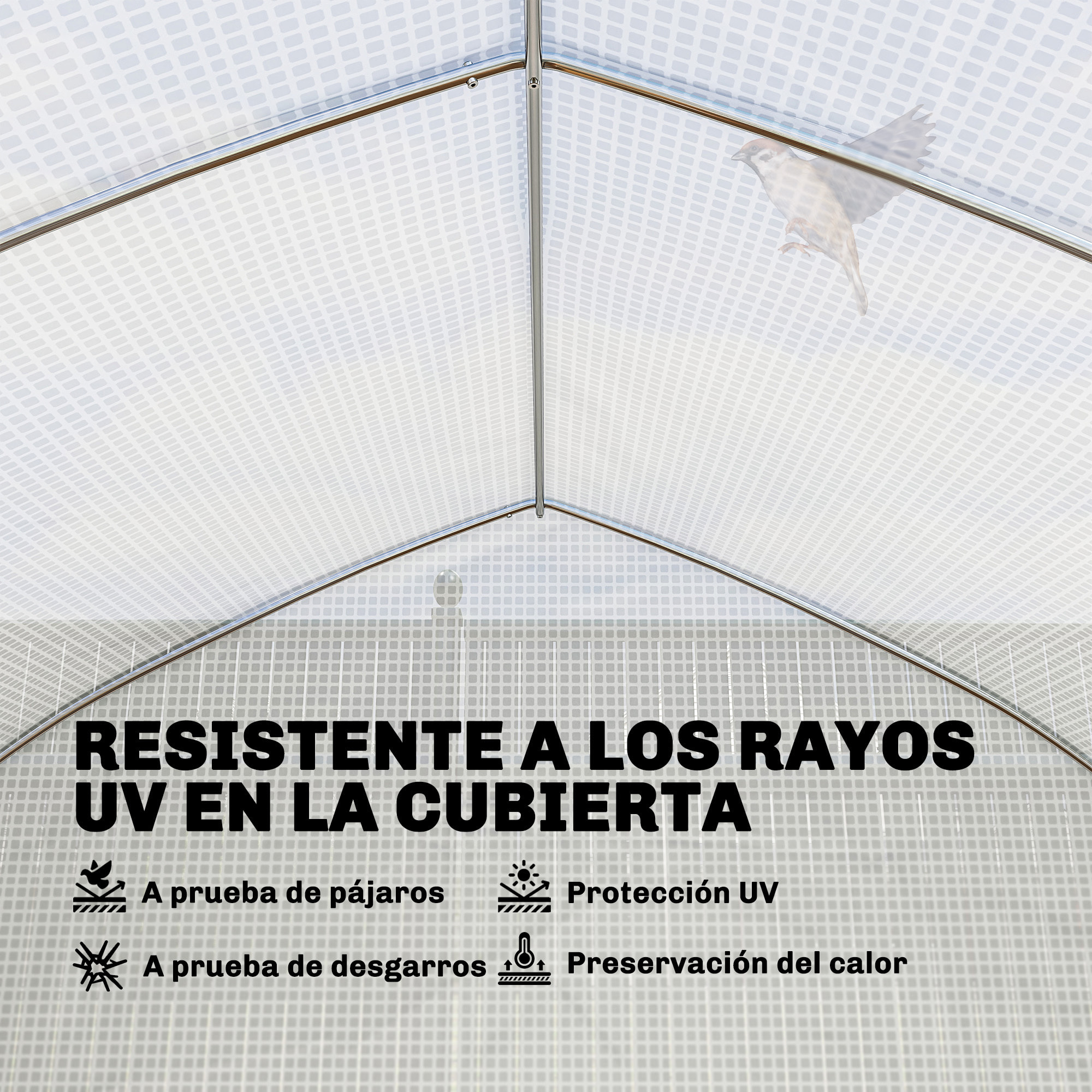 Invernadero de Exterior, 6x3x2 m, Invernadero de Túnel con 8 Ventanas, Cubierta de PE, Anti-UV y Puerta Enrollable con Cremallera, Paredes Laterales con Malla, para Cultivos, Plantas, Blanco