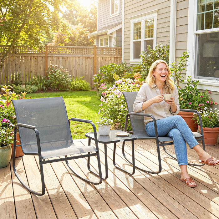 Conjunto de Mesa y Sillas de Terraza Exterior de 3 Piezas, Muebles de Jardín Exterior con 2 Sillas Mecedoras, Mesa con Encimera de Vidrio y Estructura de Acero, para Patio, Balcón, Gris