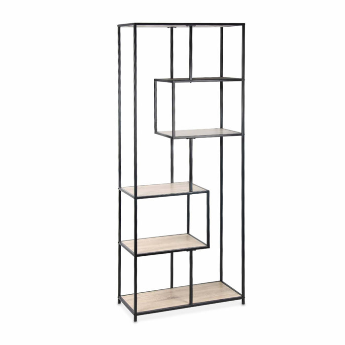 Etagère en métal noir et décor bois - Loft - bibliothèque 6 niveaux. L 77 x l 33 x H 185cm