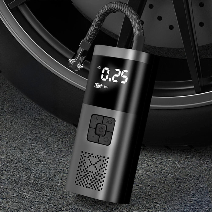 Pompa d'aria portatile e wireless per auto, 150PSI con luce LED, 3 modalità d'uso e 4 ugelli inclusi.