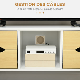 Meuble TV style scandinave 4 tiroirs coulissants niche passe-fils piètement bois pin blanc aspect bois clair