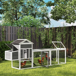 Poulailler surélevé avec enclos et pondoir - nombreux équipements - bois pin blanc gris