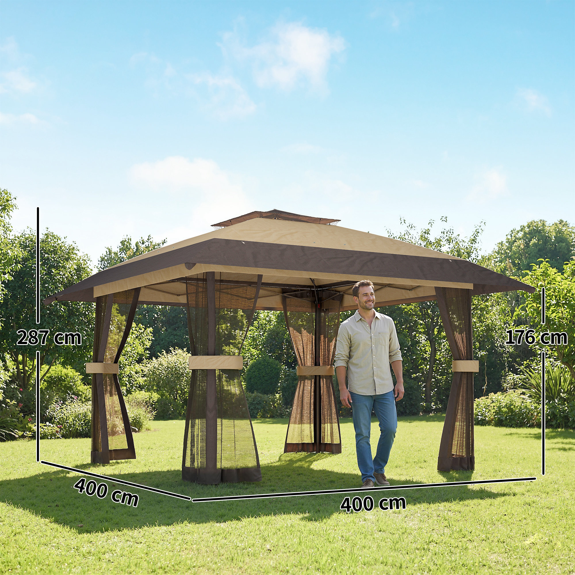 Carpa Plegable 4x4 m, Pop-up, con Doble Techo, 4 Paredes Laterales de Malla, Cenador de Jardín con Altura Ajustable 3 Niveles, Bolsa de Transporte, UPF30+, Gazebo para Camping, Fiestas, Caqui