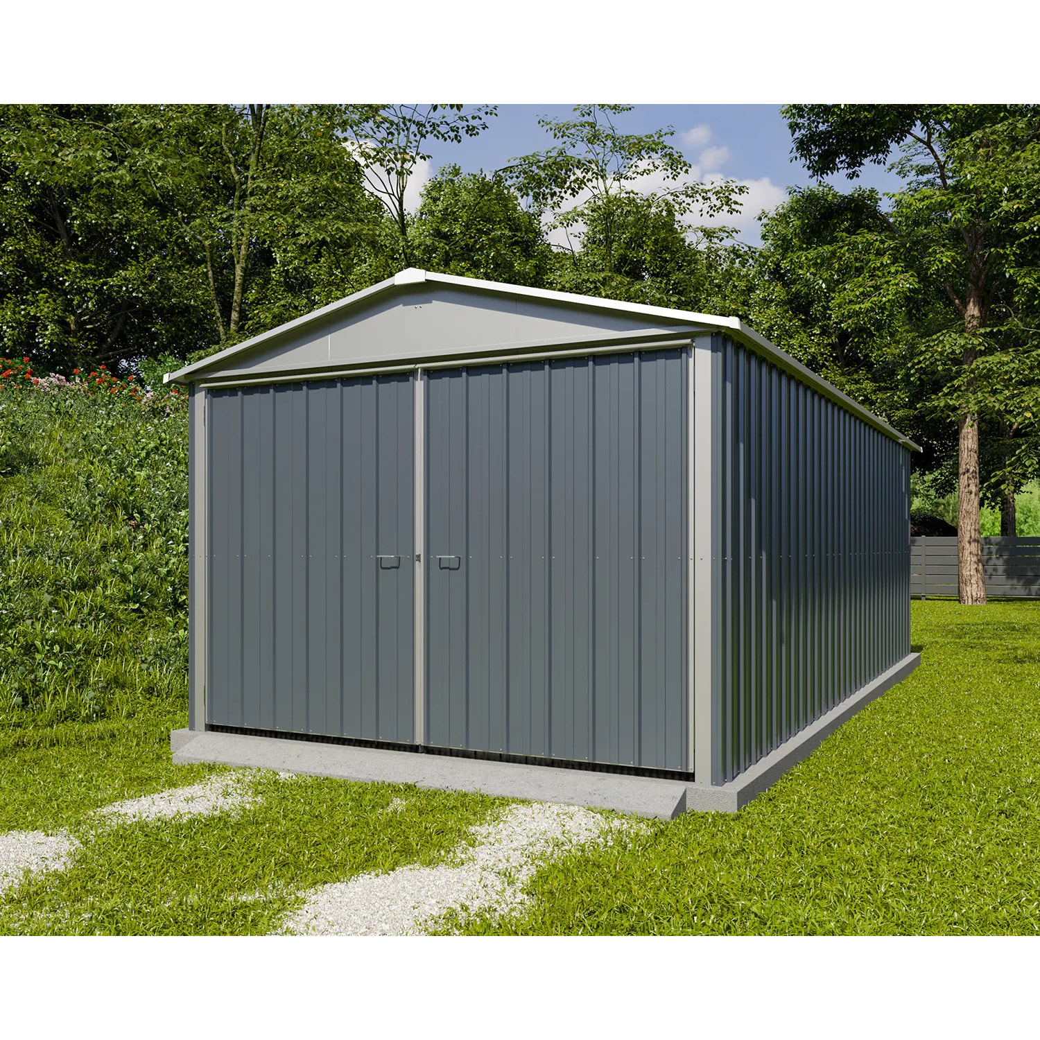 Garage métal gris Yardmaster 17,36 m² + kit d'ancrage