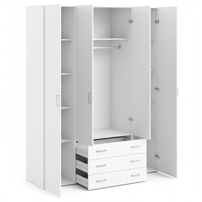 Armadio Guardaroba Con 4 Ante E 3 Cassetti Design Moderno Ampio Vano Con Barra Appendiabiti e Ripiani Salvaspazio Abiti 154 x 49.5 x 200.4 Cm Bianco