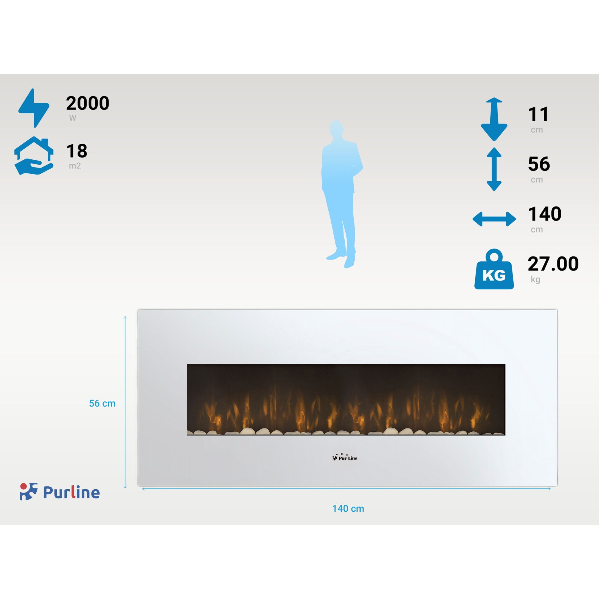 Chimenea Eléctrica Panorámica con luz LED ambiental y panel frontal blanco CHE-505 PURLINE