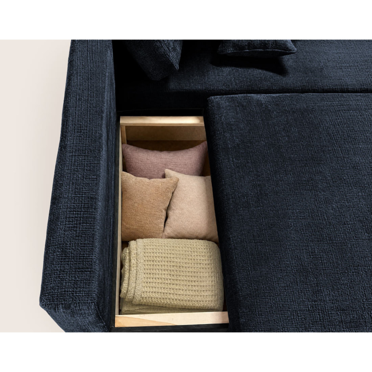 Miro - Canapé d'angle droit 4 places convertible avec coffre en velours texturé - Bleu