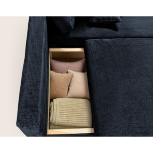 Miro - Canapé d'angle droit 4 places convertible avec coffre en velours texturé - Bleu