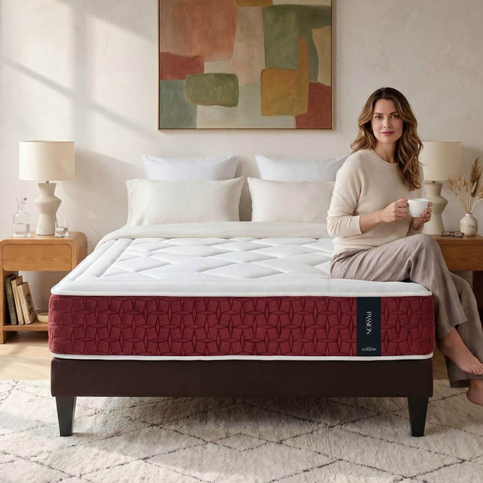 Ensemble Matelas Hybride Passion & Sommier Kit Tissu, Ressorts Ensachés & Mémoire de Forme, 32 cm, Accueil Moelleux, Soutien Ferme