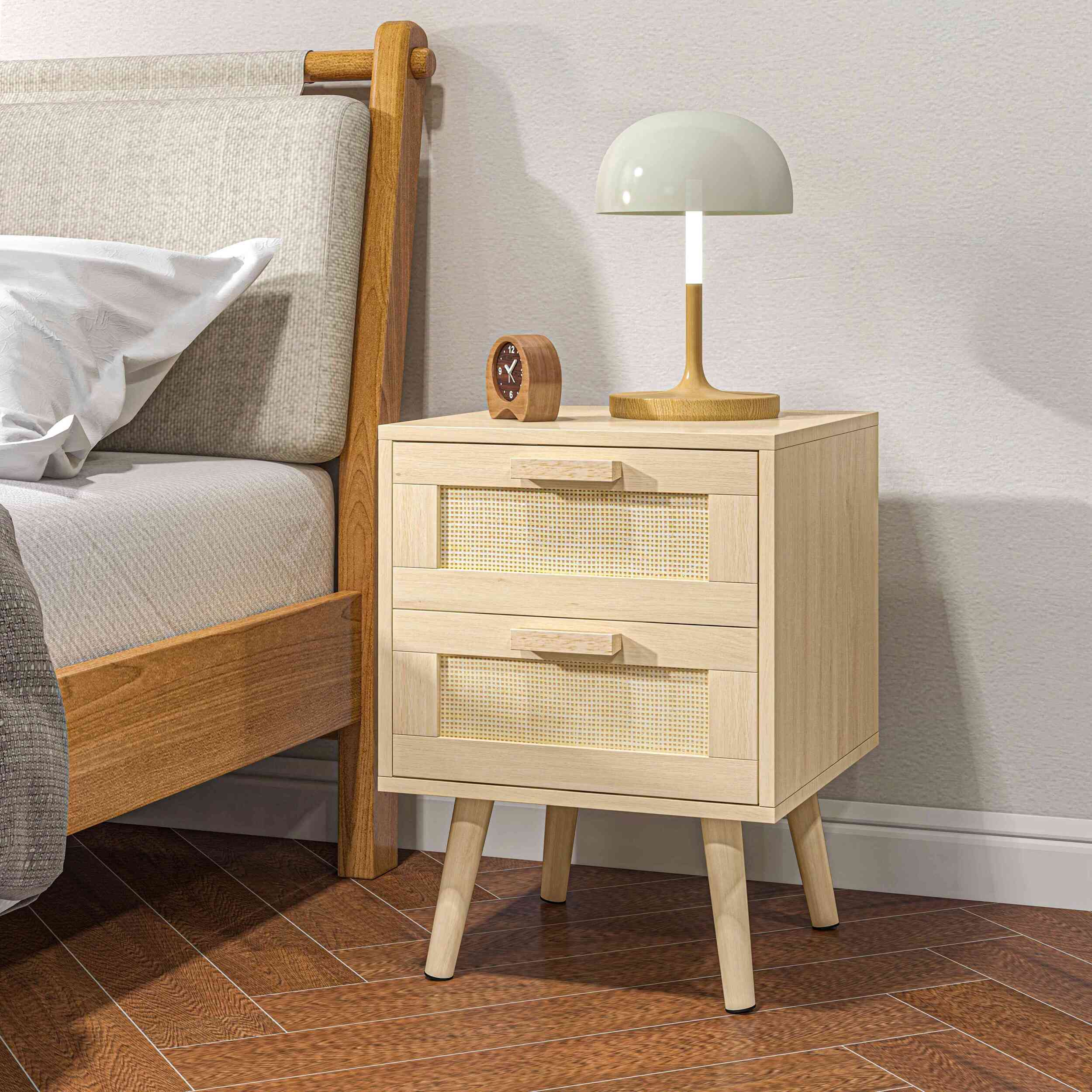 Conjunto de 2 Mesitas de Noche de Bohemio Mesillas de Noche con Cajones de Rejilla de Mimbre y Patas de Madera para Salón Dormitorio 40x40x56 cm Natural