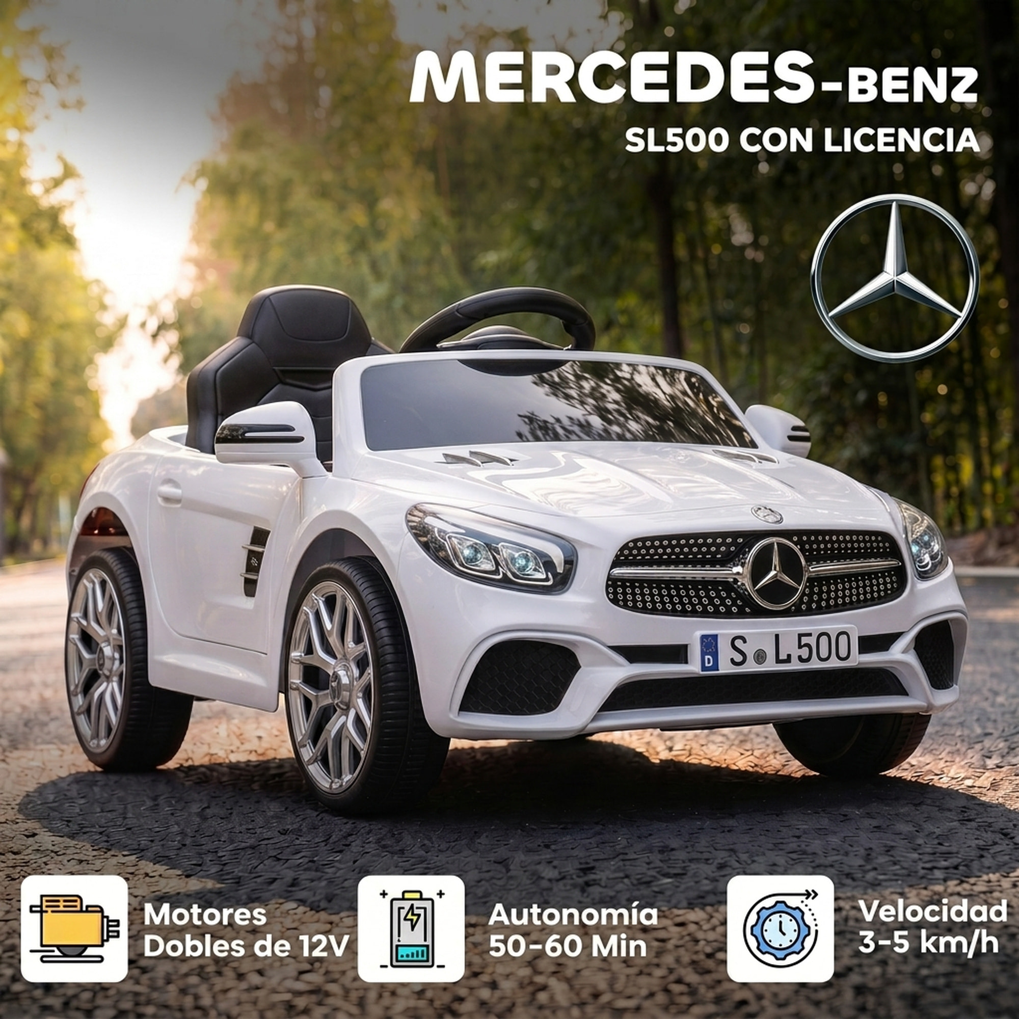 Coche Eléctrico para Niños Mercedes-Benz SL500 Coche de Batería Litio 12V con Mando a Distancia 2,4G 2 Motores Suspensión Arranque Suave Luces Música Claxon Bluetooth 3-5 Años 3-5 km/h Blanco