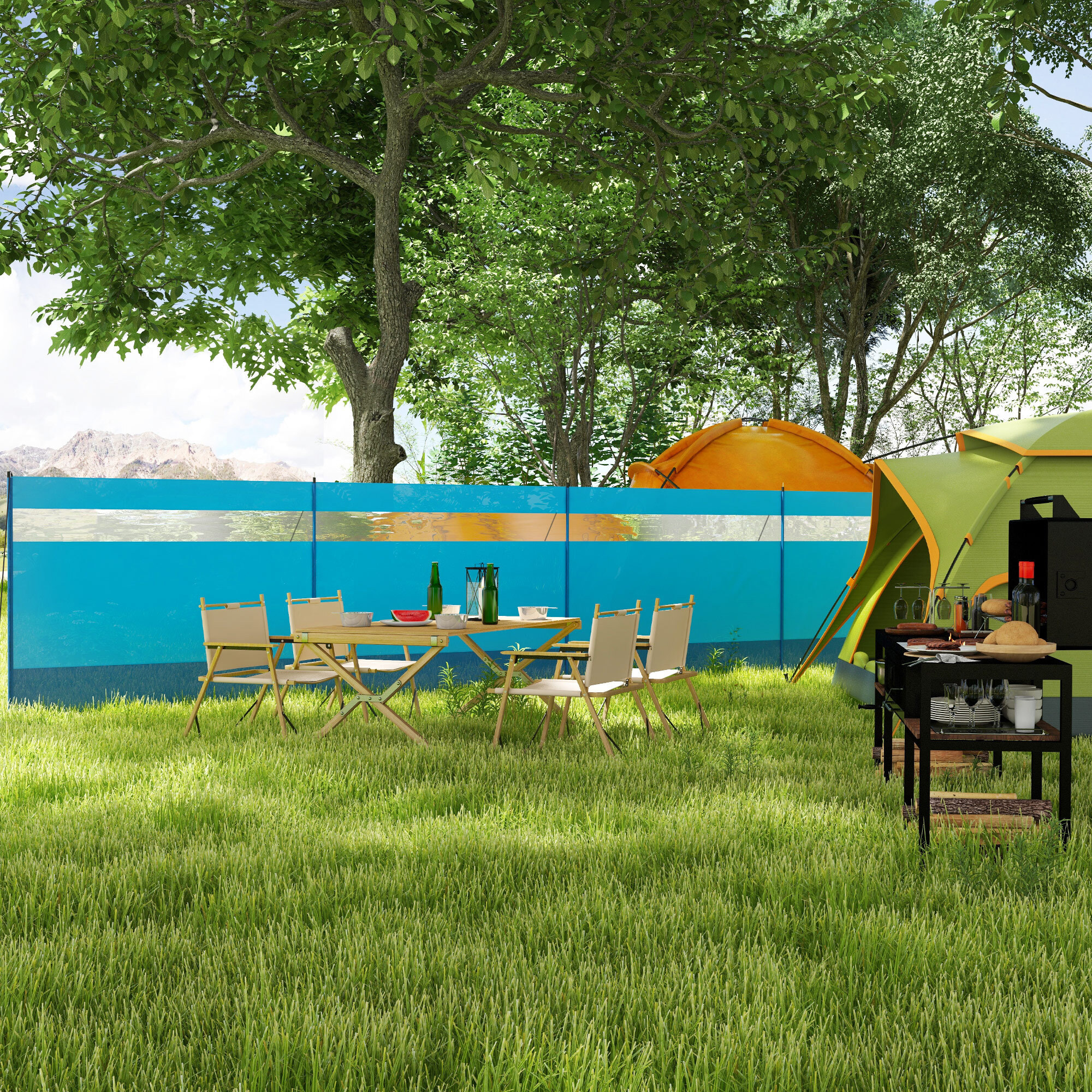 Cortavientos para Camping de 4 Paneles 725x140 cm Paravientos Playa con Panel Superior Transparente Postes de Acero Estacas y Bolsa de Transporte Impermeable para Jardín Playa Azul