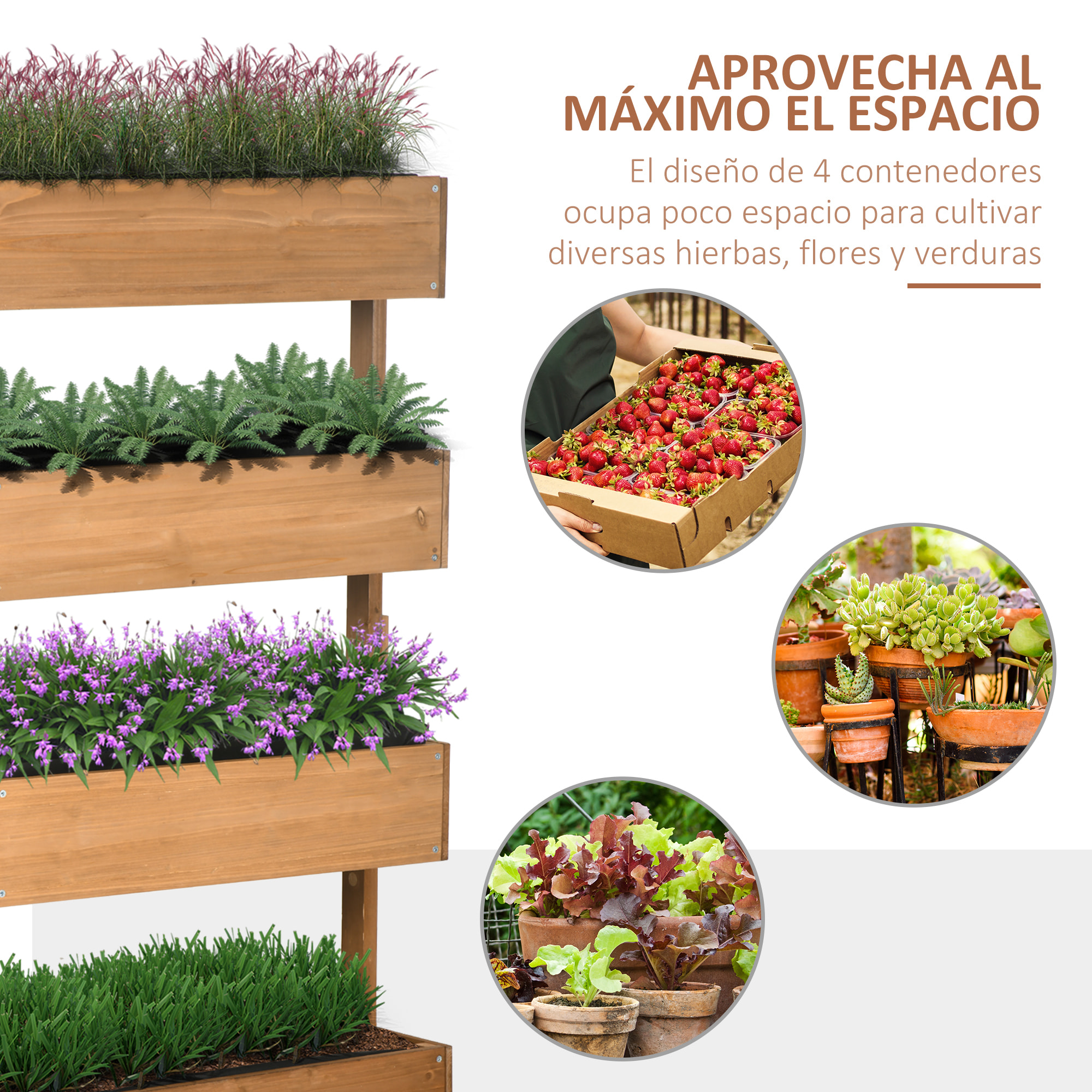 Jardinera de Madera de 4 Niveles, Jardinera Exterior Elevada con Orificios de Drenaje y Tela no Tejida, Macetero para Cultivos, Plantas, Flores, para Terraza, Jardín, 80x45x142 cm, Naranja