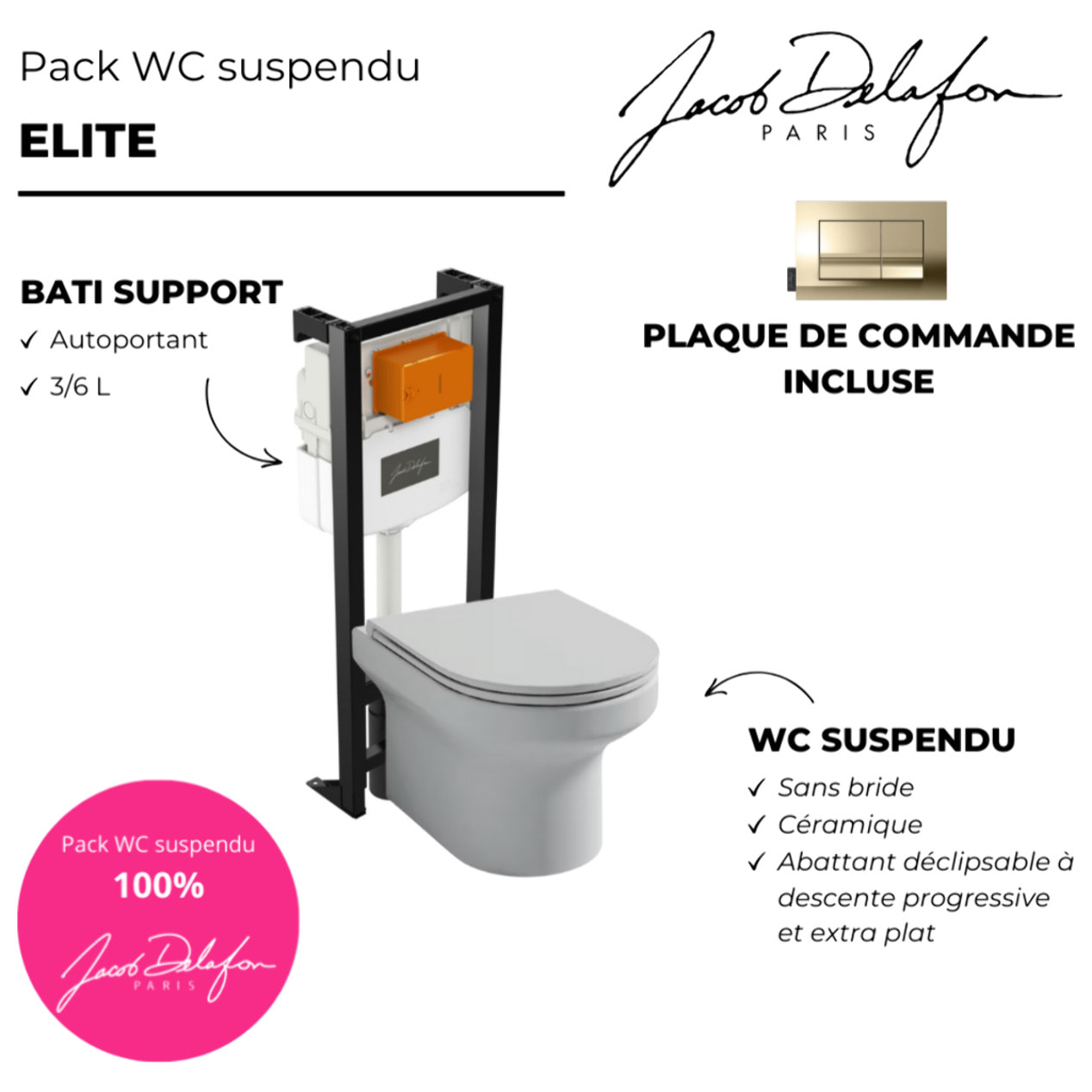 Pack WC suspendu sans bride  Elite + bâti-support + plaque Or Beige