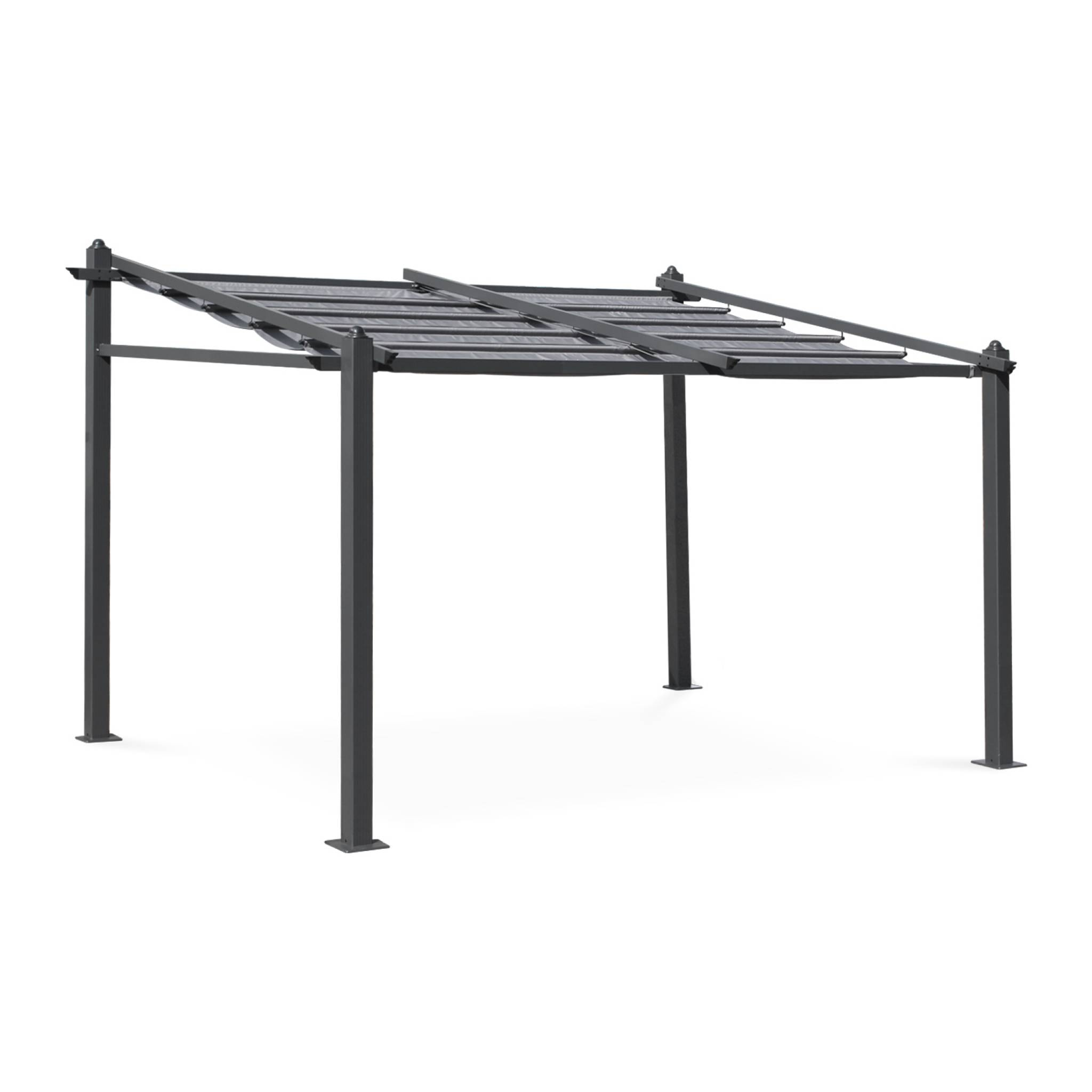 Pergola murale en aluminium - Murum 3x4m - Toile grise - Tonnelle idéale pour votre terrasse. toit retractable. toile coulissante. structure aluminium