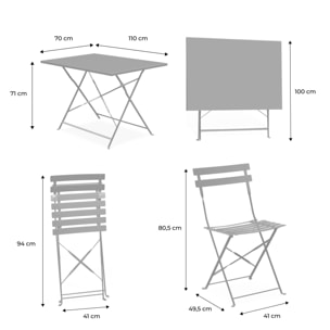 Table de jardin bistrot pliante métal + 4 assises 110 x 70cm. avec quatre chaises pliantes. acier thermolaqué