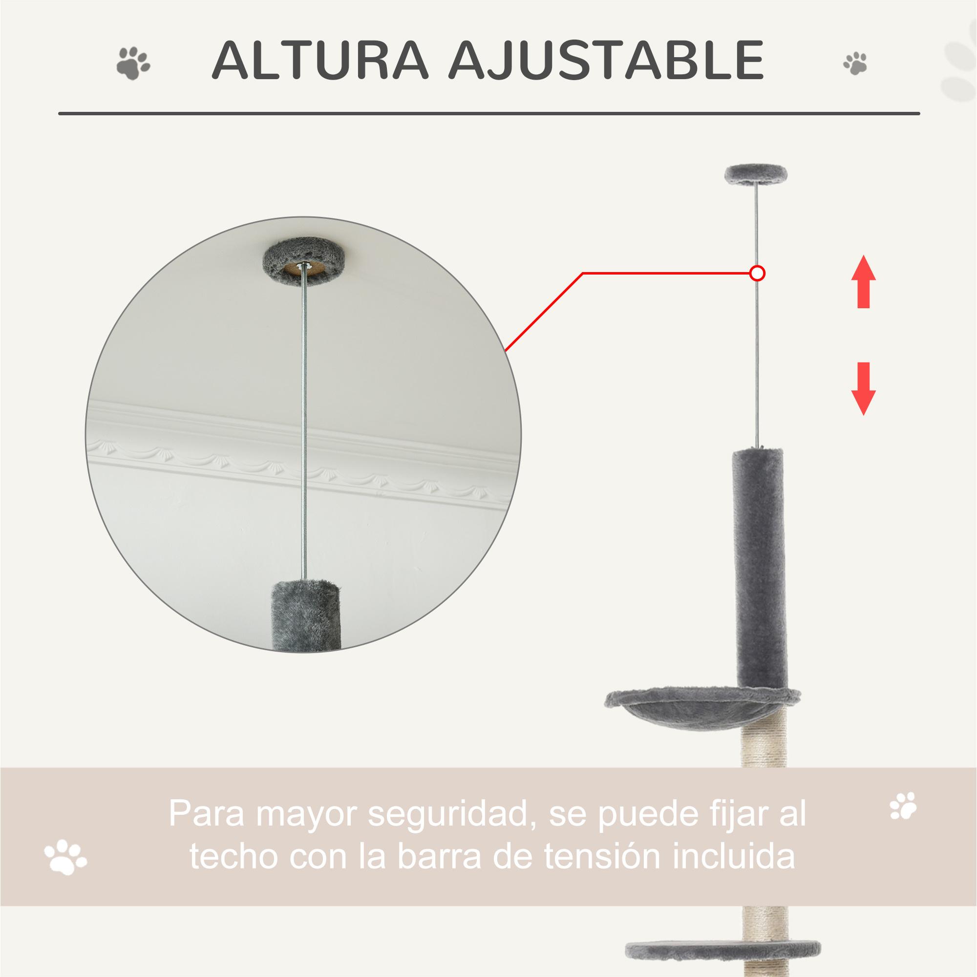 Árbol Rascador para Gatos Altura Ajustable 238-270 cm con Hamaca Cueva Gris