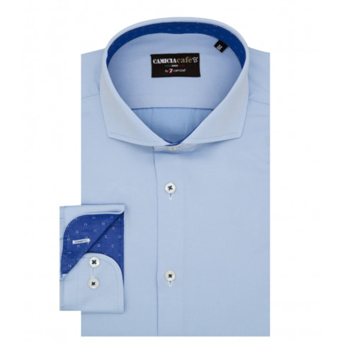 Camicia Uomo 1 Bottone Francese Slim Cotone Poliestere Celeste