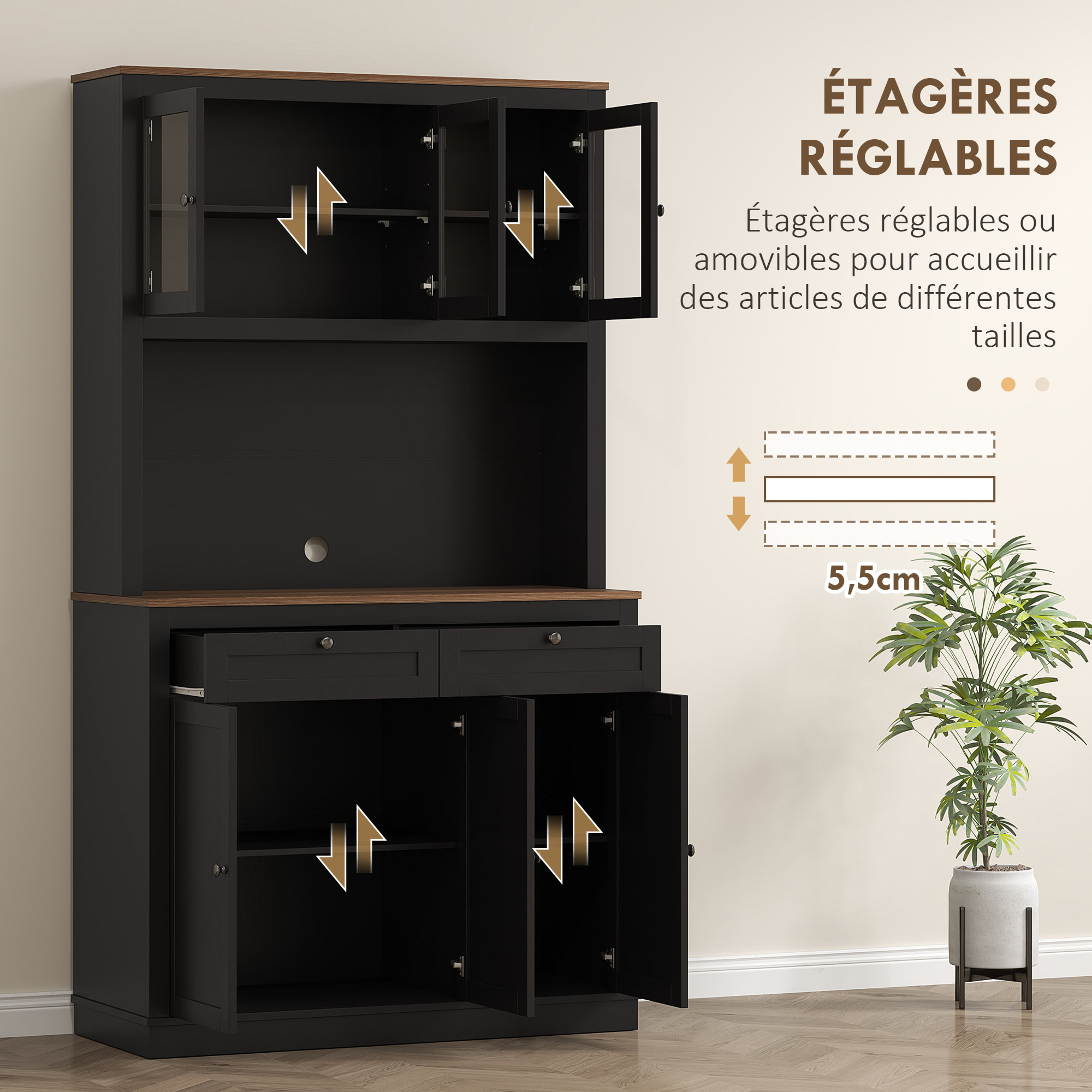 Buffet haut cuisine vitrine - 6 portes, 2 tiroirs, plan de travail - dim. 100x40x180cm - noir effet bois noyer