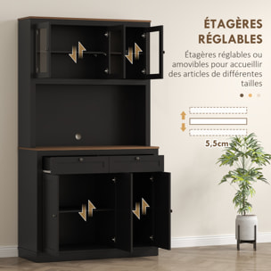 Buffet haut cuisine vitrine - 6 portes, 2 tiroirs, plan de travail - dim. 100x40x180cm - noir effet bois noyer