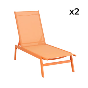 Lot de 2 transats. 5 positions. en textilène orange et métal L155 x P59 x H106cm