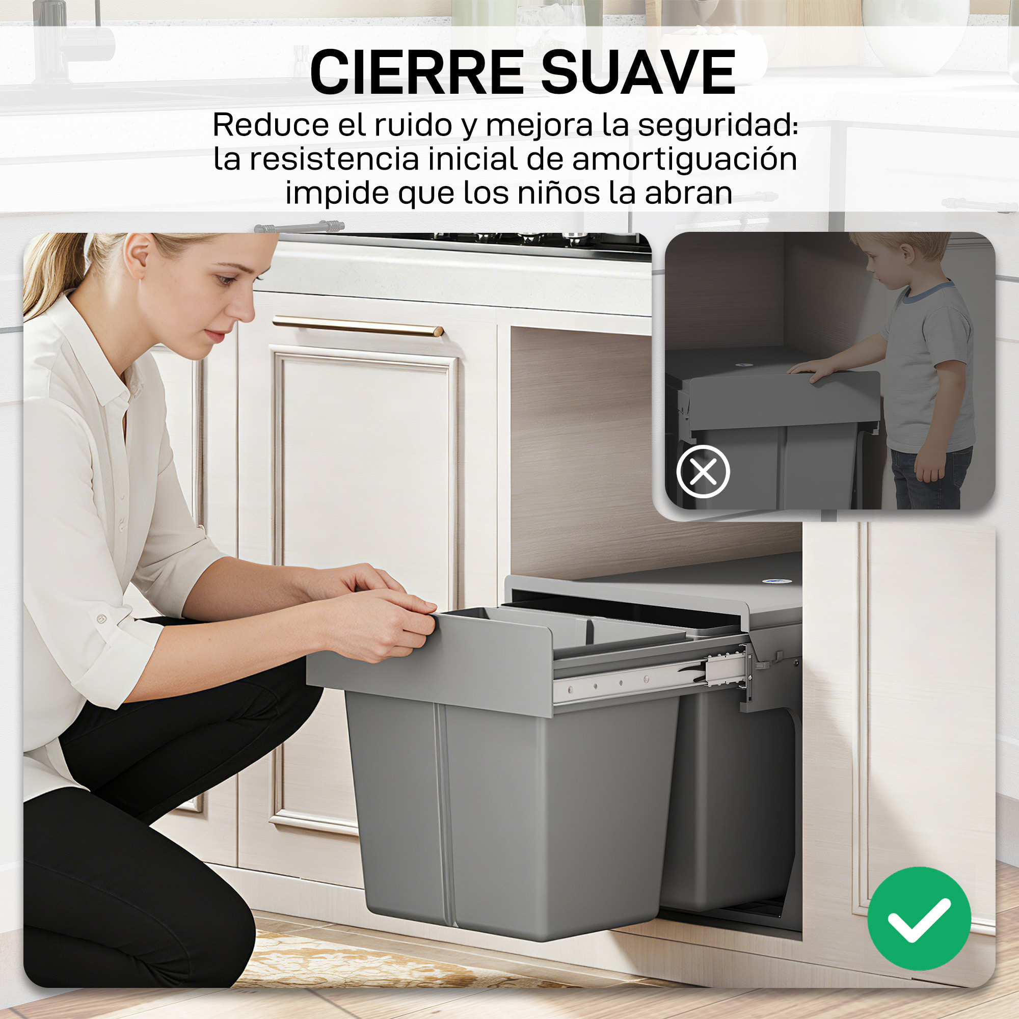 Cubo de Basura bajo Fregadero, Cubos de Basura con 2 Contenedores de Reciclaje Extraíbles, Capacidad Total 30L (15Lx2), Fijación Inferior, para Reciclaje y Residuos, Gris Claro