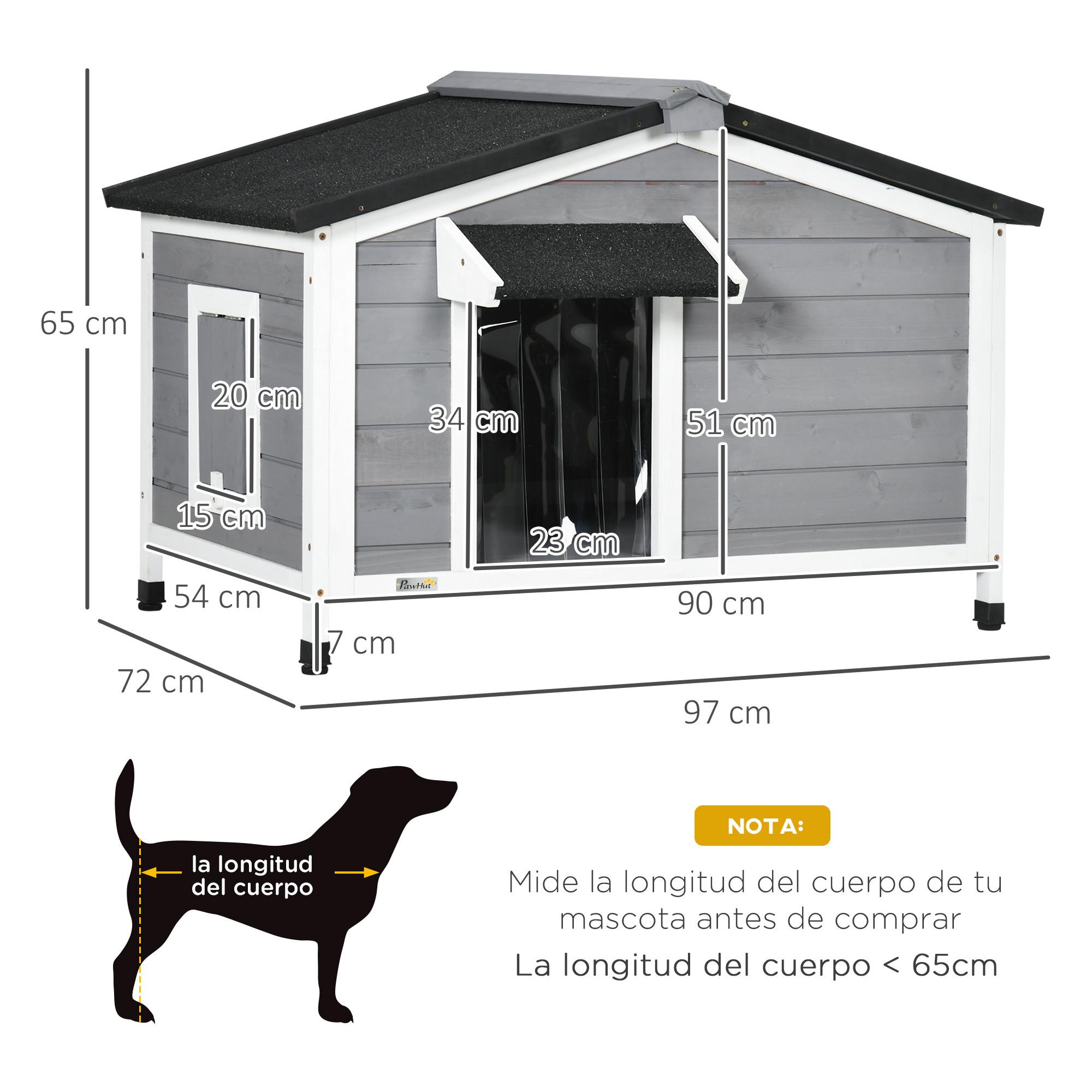 Caseta para Perros de Madera 97x72x65 cm Casita para Mascotas con Techo Asfáltico Abatible 2 Ventanas Puerta con Cortina y Base Extraíble Gris