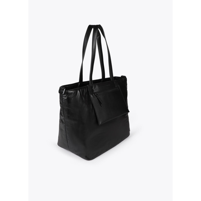 Shopper in Nylon Satinato con Dettagli Effetto Pelle