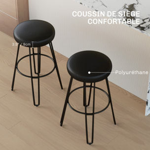 Lot de 2 tabourets de bar style industriel - repose-pieds - piètement épingle acier assise ronde noir