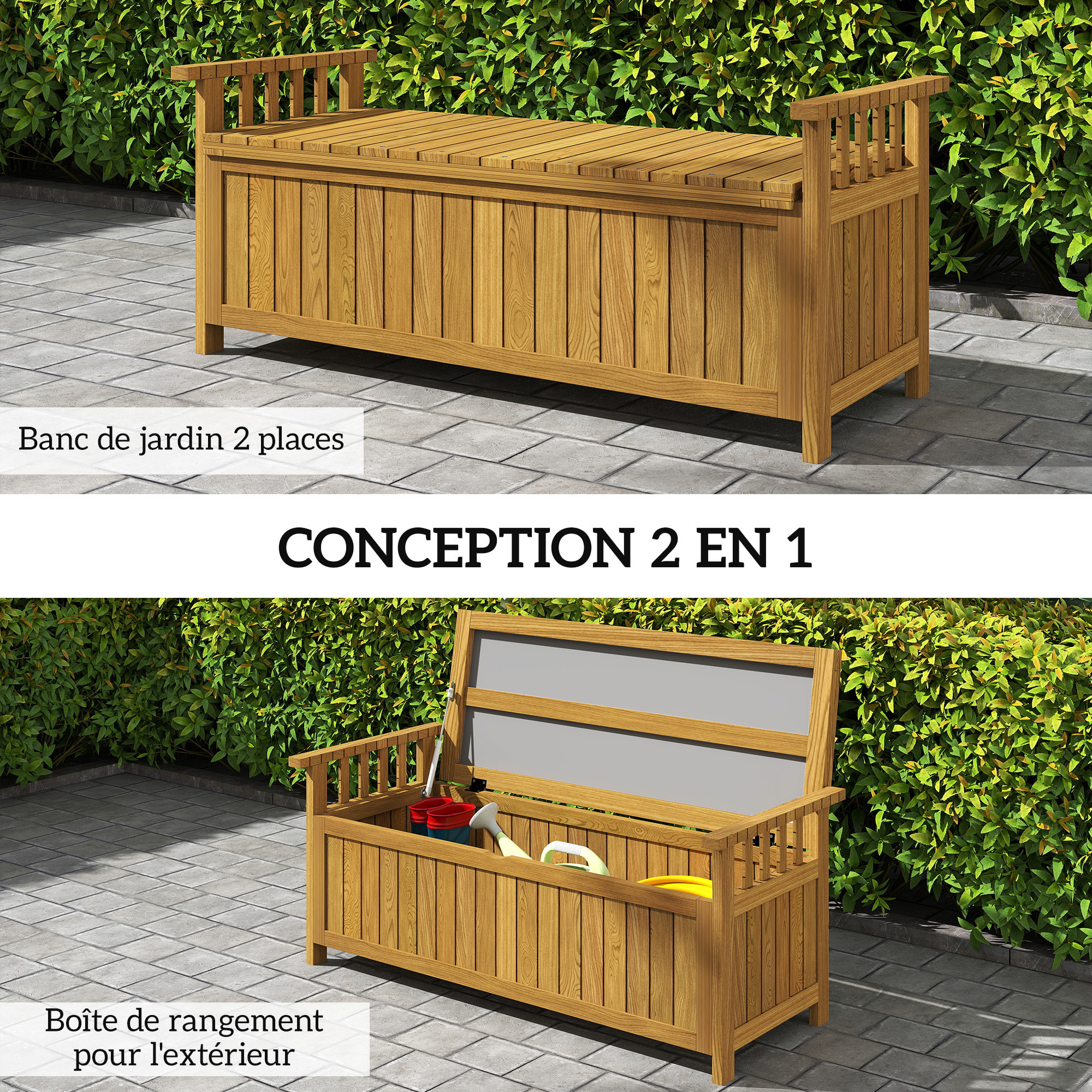 Banc de jardin avec coffre de rangement 186L - accoudoirs - dim. 128 x 56 x 53 cm - habillage PVC bois de sapin pré-huilé