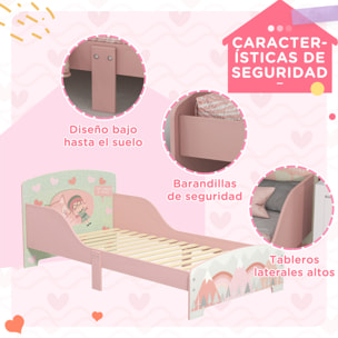 Cama Infantil de Madera 143x77x60 cm Cama para Niños de 3-6 Años con Barreras de Protección y Estampados Carga Máx. 40 kg Mueble de Dormitorio Moderno Rosa