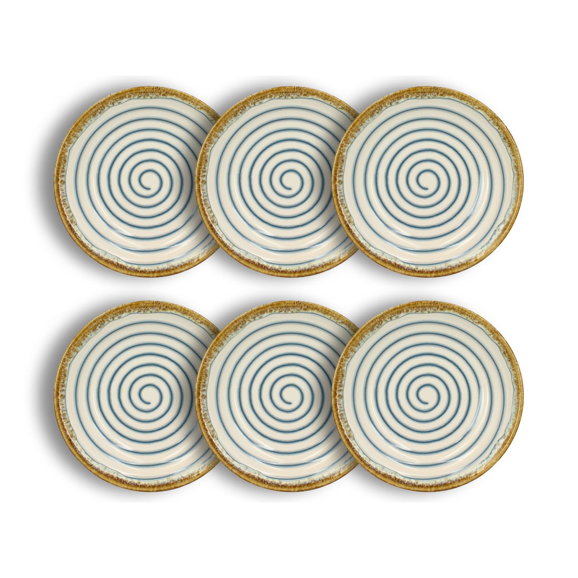 Lot de 6 assiettes creuses spirale 22cm en faïence bleu et beige  SPIRALE