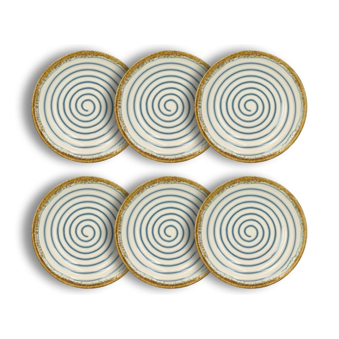 Lot de 6 assiettes creuses spirale 22cm en faïence bleu et beige  SPIRALE