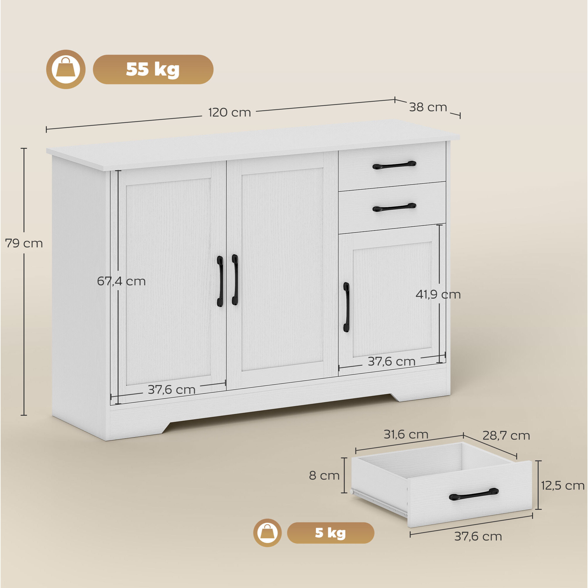 Buffet contemporain 3 portes étagère 2 tiroirs poignées métal noir effet bois blanc