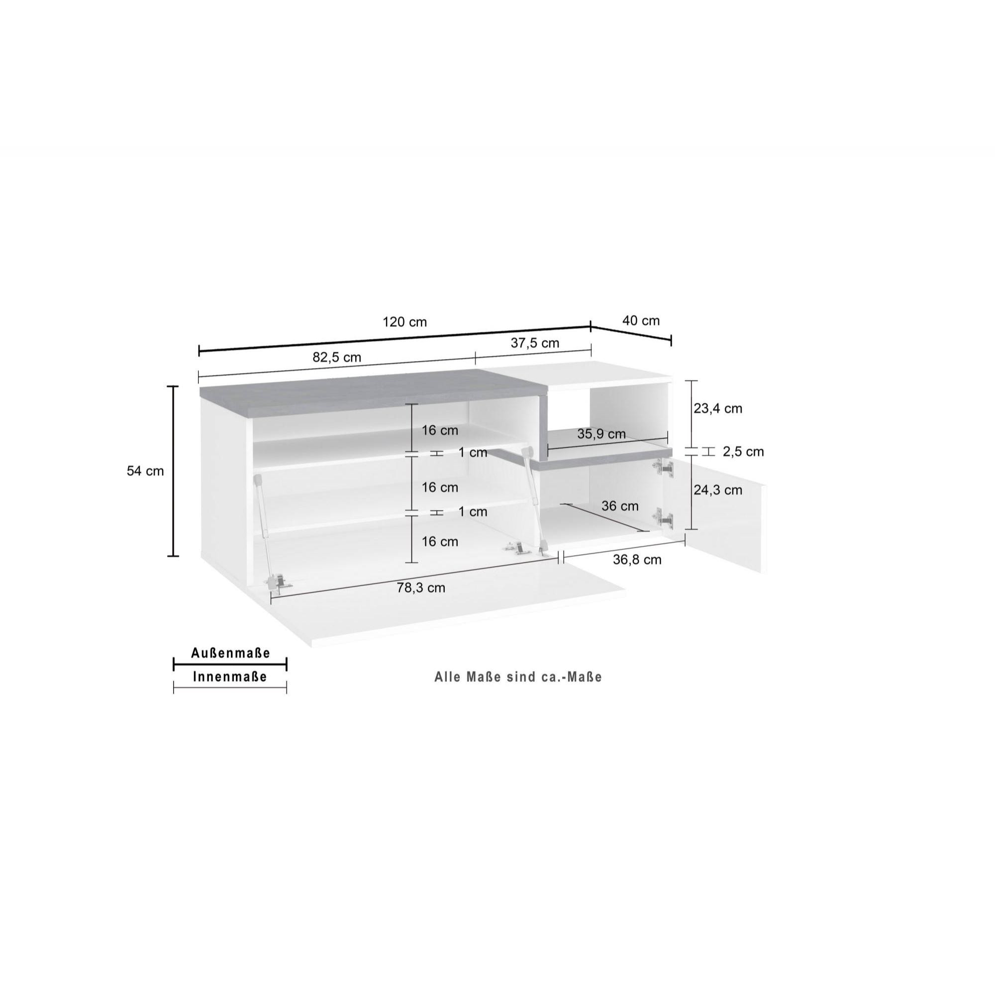 Mobile da ingresso, Made in Italy, Modulo componibile, Panca a 2 ante, cm 120x40h54, colore Bianco lucido e Grigio Ardesia