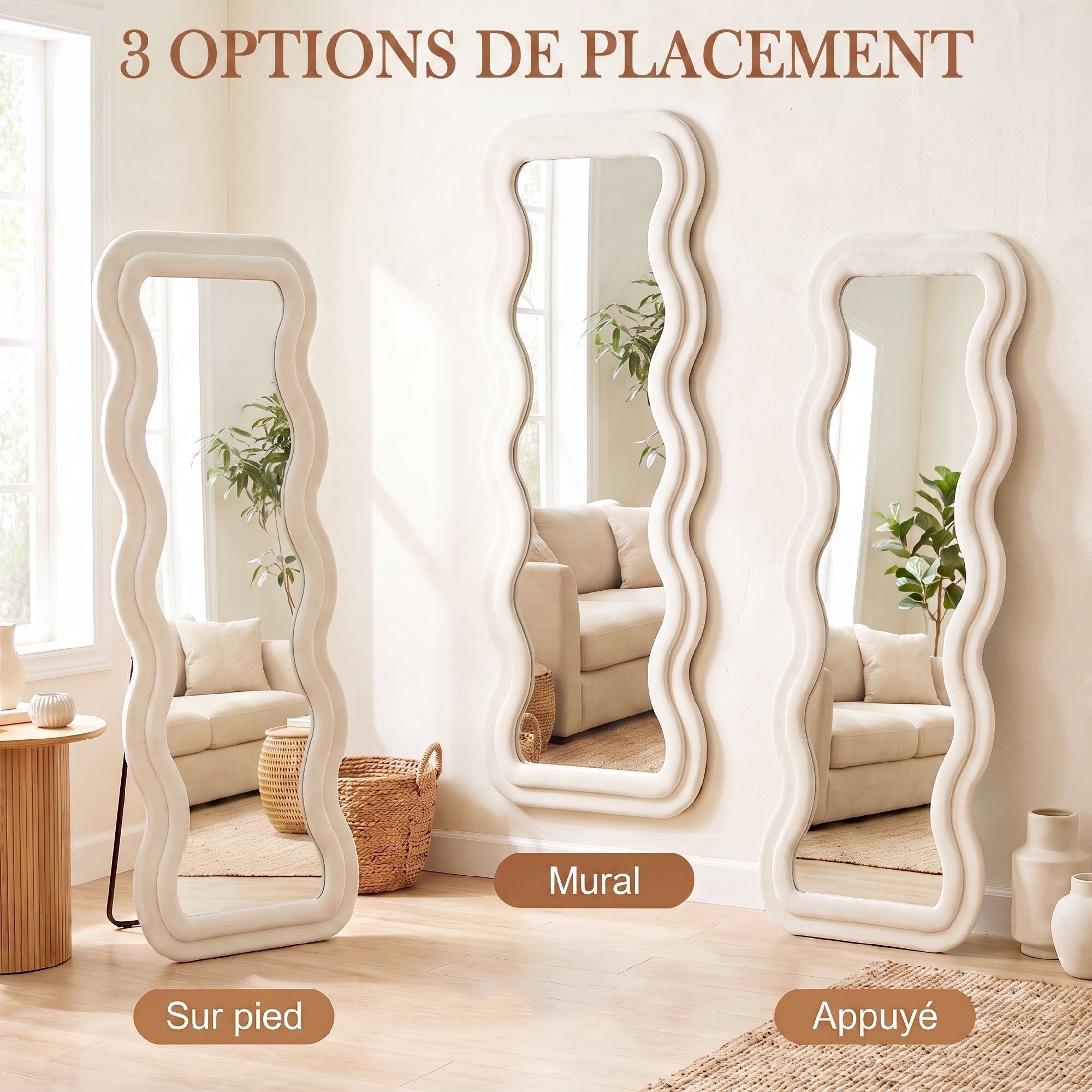 Miroir sur pied pleine longueur design ondulé velours blanc crème