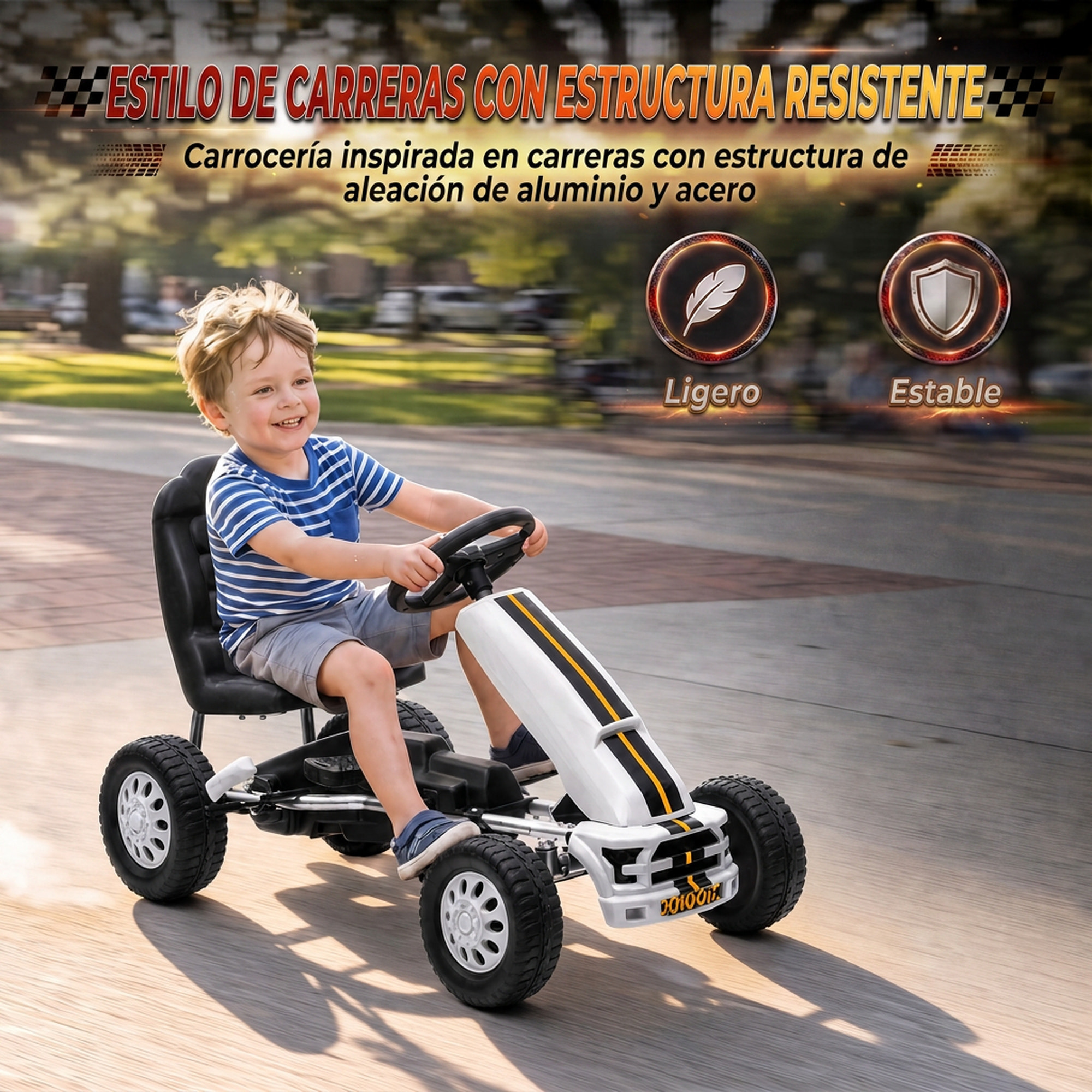AIYAPLAY Kart Pedales para Niños de +3 Años, Go Kart con Asiento Ajustable, Volante, Freno Manual, Marco de Aluminio y Acero, Carga 30 kg, Blanco