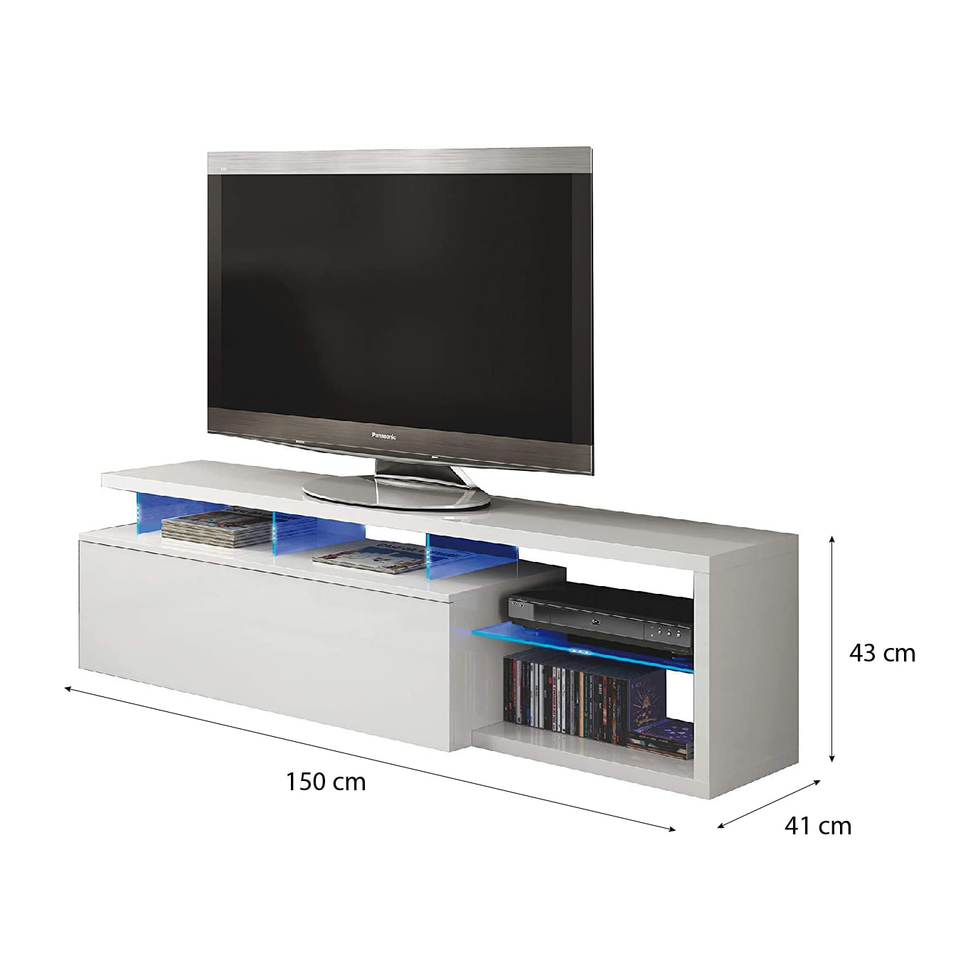 Mobile Mobiletto TV Fireflies da Soggiorno Sala da Pranzo Studio Moderno Design Illuminazione LED 150 x 43 x 41 cm Bianco
